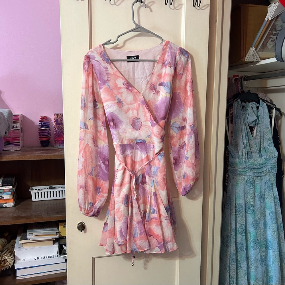 Vici Pink and Lavender Floral Wrap Mini Dress - Picture 3 of 7
